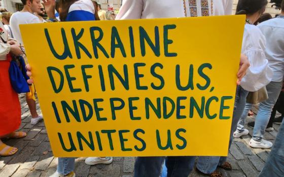 Signs by Ukrainian Americans support Ukrainian independence during a celebration of Ukrainian Independence Day, Aug. 24, in Lower Manhattan, New York City. 