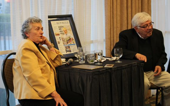 Joan Chittister and Tom Roberts in conversation in Kansas City on April 26, 2018. (NCR/Toni-Ann Ortiz)