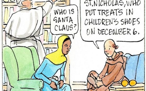 Francis, the comic strip: Brother Leo tells Gabby about St. Nicholas and the origin of Santa Claus.