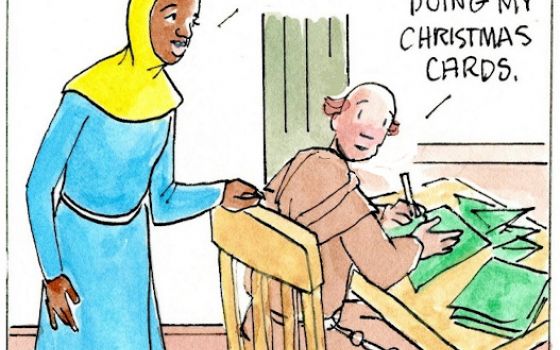 Francis, the comic strip: Brother Leo has an unusual way of sending his Christmas cards.