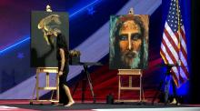 An artist on stage painted an image of former president Donald Trump and an image of the face of Christ, before the Conservative Political Action Conference's annual Ronald Reagan Dinner, Feb. 23. 