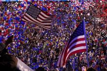 U.S. flags and balloons fill the United Center after Vice President Kamala Harris, the Democratic presidential candidate, gave her acceptance speech during the Democratic National Convention in Chicago Aug. 22.  (OSV News/Reuters/Brendan Mcdermid)