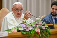 Pope Francis speaks to participants in a conference of moderators of associations of the faithful, ecclesial movements and new movements in the New Synod Hall at the Vatican June 13. (CNS/Vatican Media)