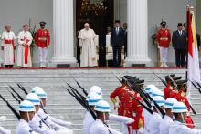 Pope Francis attends an official welcome ceremony with President Joko Widodo of Indonesia outside Merdeka Palace in Jakarta, Indonesia, Sept. 4, 2024. (CNS photo/Lola Gomez)