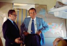 Then-U.S. President Richard Nixon and National Security Advisor Henry Kissinger stand on Air Force One during their voyage to China Feb. 20, 1972. Nixon won a second term following the 1972 general election. (OSV News/Richard Nixon Presidential Library handout via Reuters)