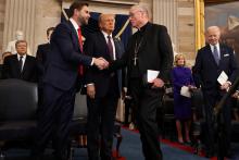 U.S. Vice President-elect J.D. Vance, former U.S. senator from Ohio, and U.S. President-elect Donald Trump greet Cardinal Timothy M. Dolan of New York after he delivered the invocation during inauguration ceremonies in the Rotunda of the U.S. Capitol in Washington Jan. 20, 2025. Trump takes office for his second term as the 47th president of the United States. (OSV News photo/Chip Somodevilla, pool via Reuters)